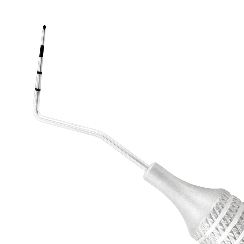 Macro 2 close-up of the right tip on the CP-12/WHO double-ended periodontal probe, SKU 1138E