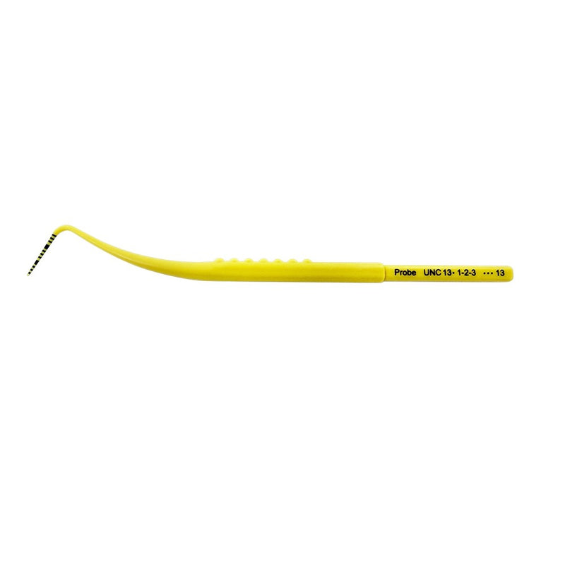 Horizontal view of UNC13 plastic periodontal probe with 1-13 mm color-coded markings