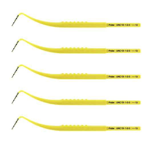 Pack of five UNC13 plastic periodontal probes with 1-13 mm color-coded markings, SKU 1150PS