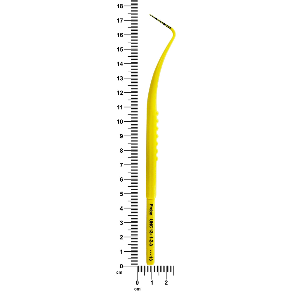 UNC13 plastic periodontal probe shown beside ruler, 13.1 cm overall length