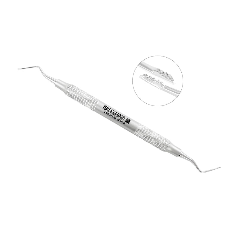 Angled view of the Hirschfeld Periodontal File 5/11 – HF5/11 with inset of serrated file tips