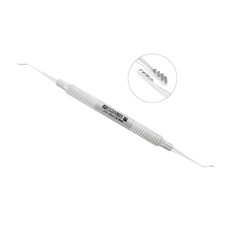 Angled view of the Hirschfeld Periodontal File 9/10 – HF9/10 with inset of serrated file tips