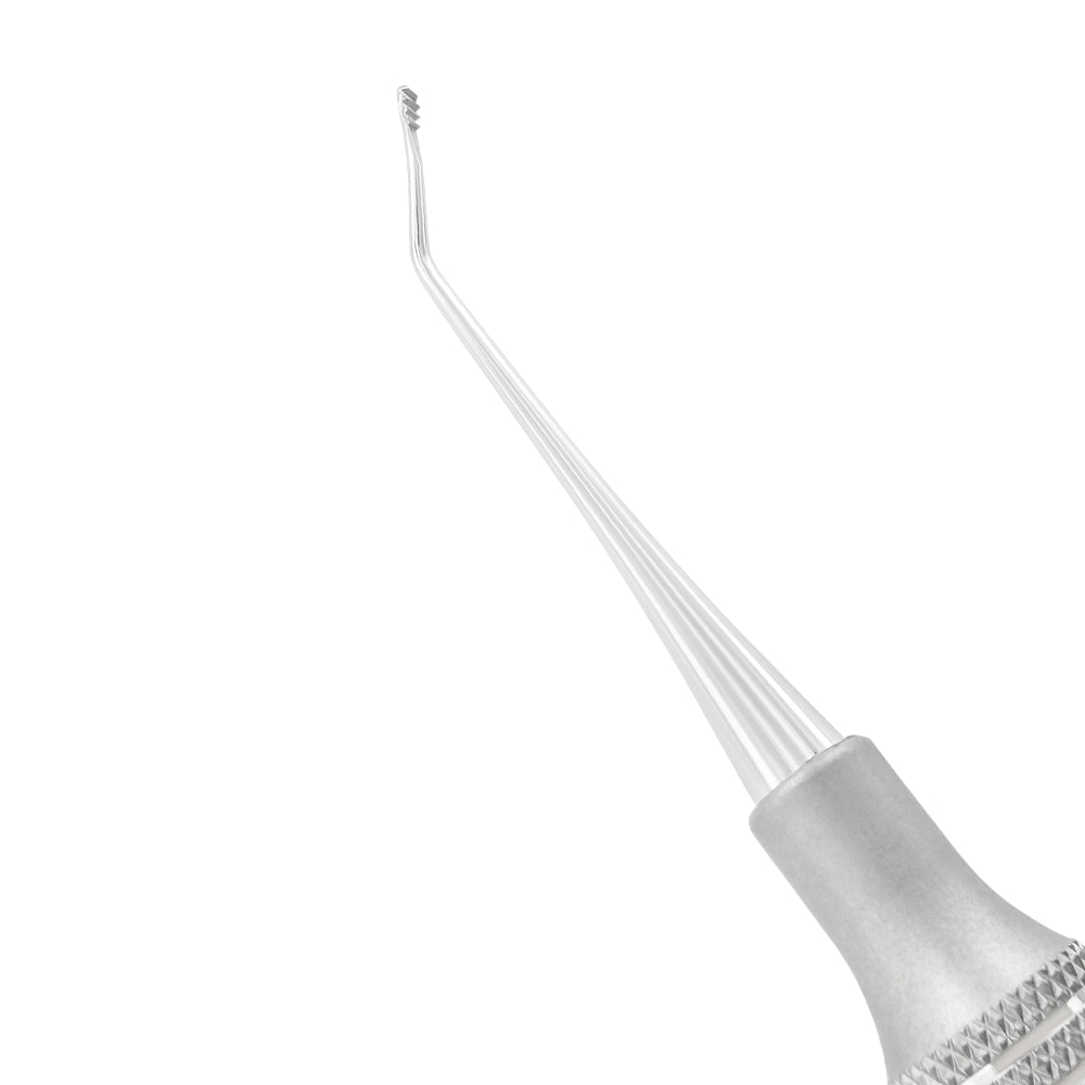 Detailed view of the angled serrated file tip on the Hirschfeld Periodontal File HF9/10