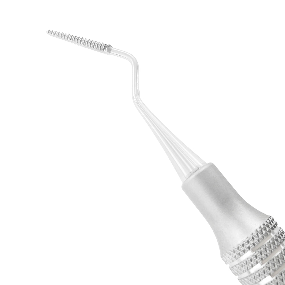 Close-up of the angled serrated working end on the Buck Periodontal File 11/12 – F11/12S