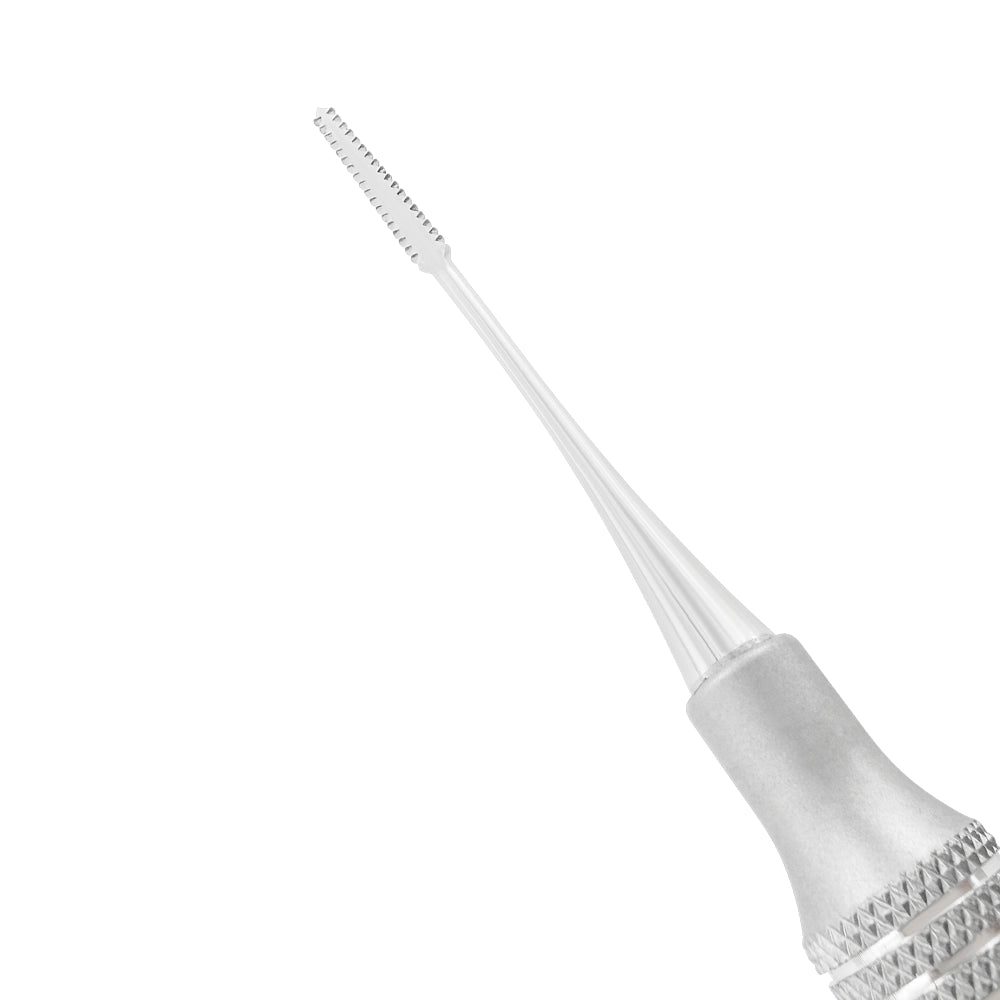 Detailed view of the straight serrated file surface on the Buck Periodontal File F11/12S