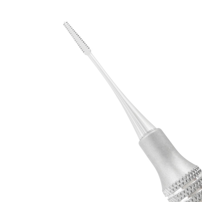 Detailed view of the straight serrated file surface on the Buck Periodontal File F11/12S