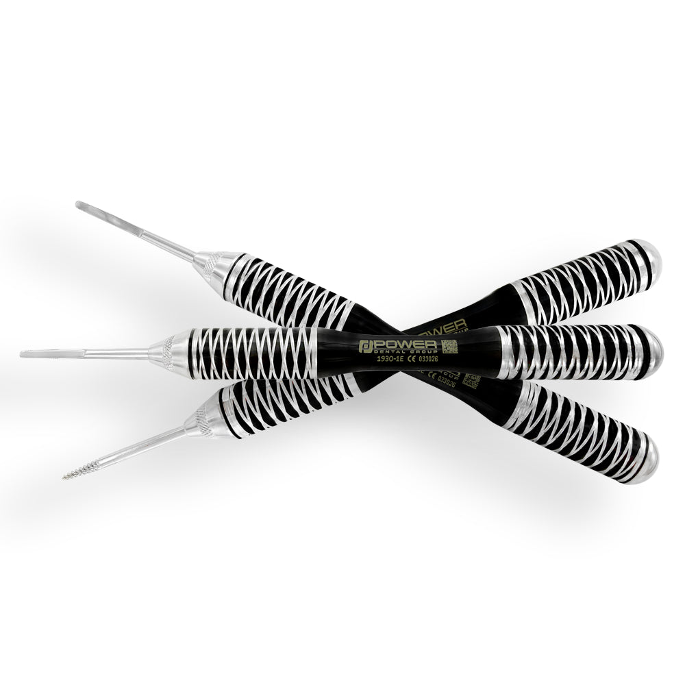 Staged view of four PowerTome Black Edition instruments for PDL release and anterior and posterior root removal