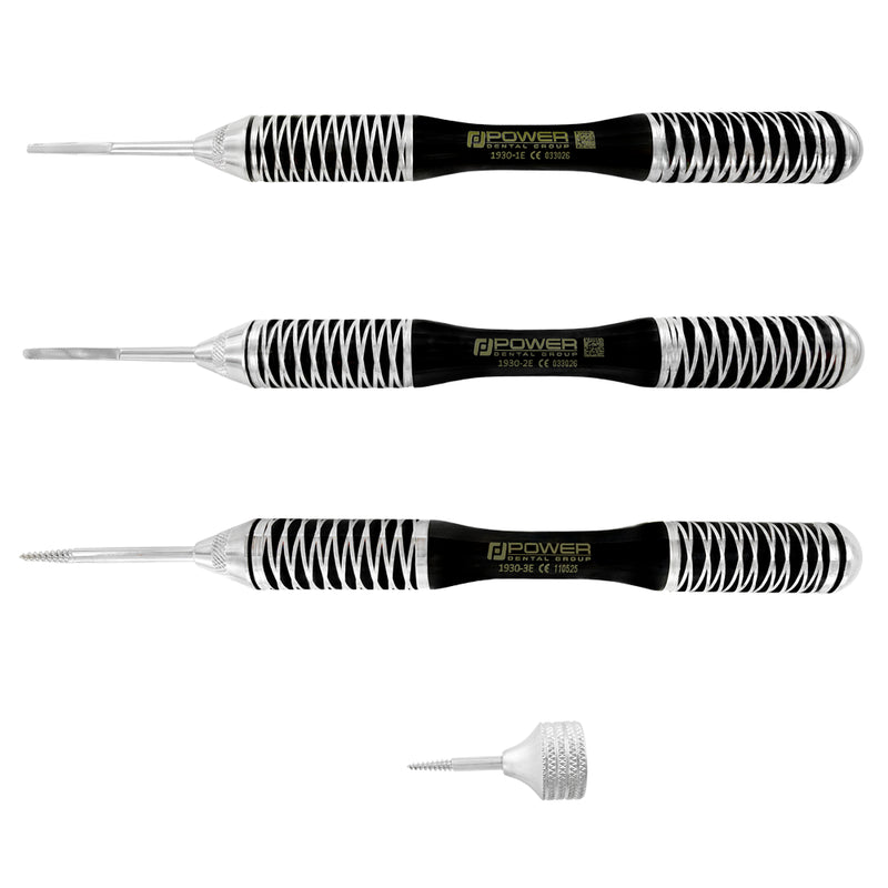PowerTome Flex Periotome and Root Removal Kit with straight and curved periotomes, anterior screw, and posterior screw
