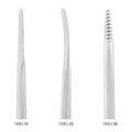 Close-up of the straight and curved flex periotome tips and anterior root extraction screw included in kit 1930ESET