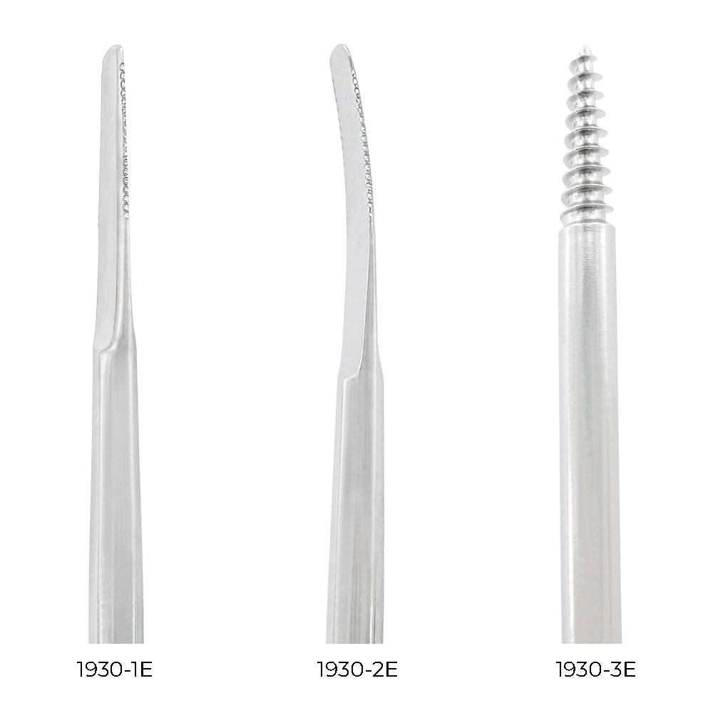 Close-up of the straight and curved flex periotome tips and anterior root extraction screw included in kit 1930ESET