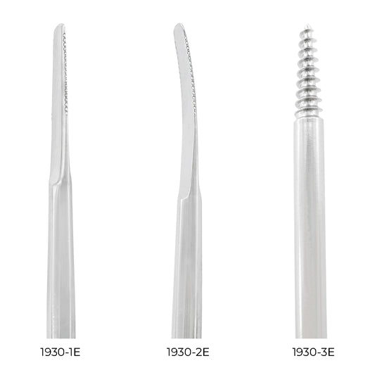 Close-up of the straight and curved flex periotome tips and anterior root extraction screw included in kit 1930ESET