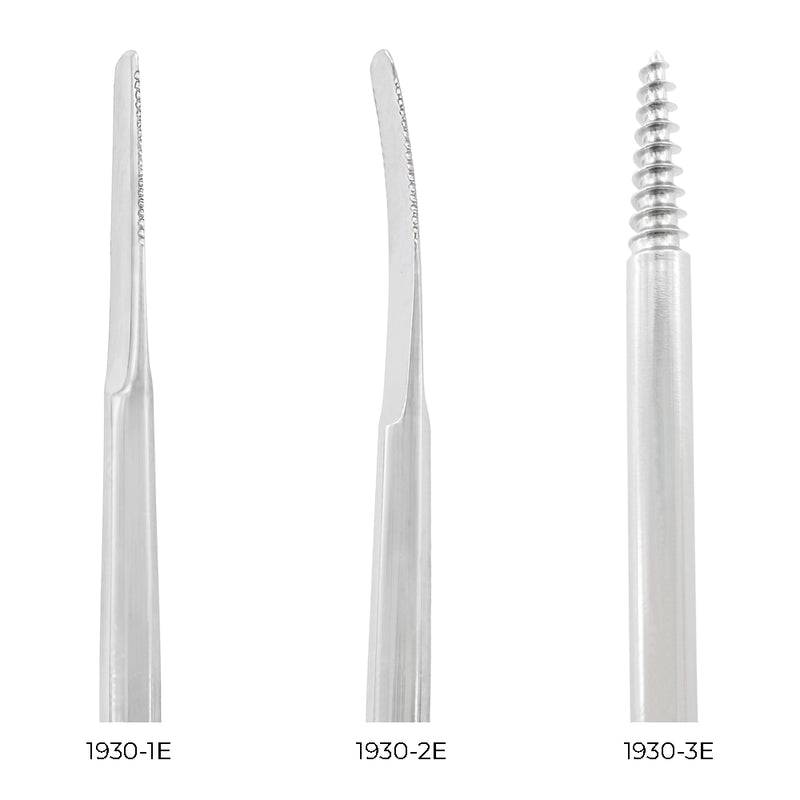 Close-up of the straight and curved flex periotome tips and anterior root extraction screw included in kit 1930ESET