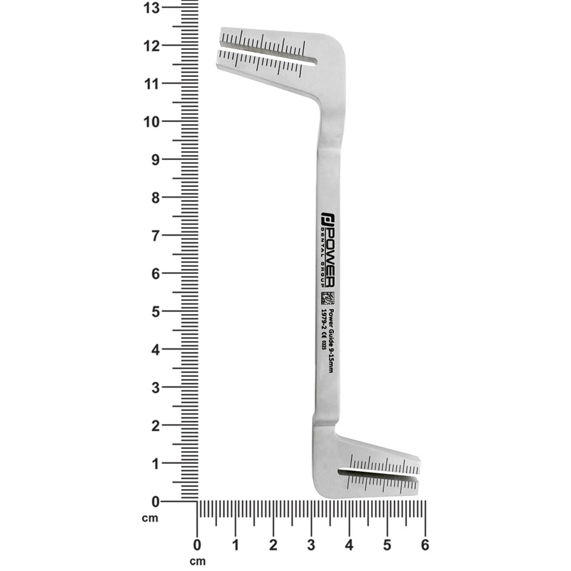 Dimensions of Power Self-Centering Implant Guide for posterior implant placement, 9-15 mm
