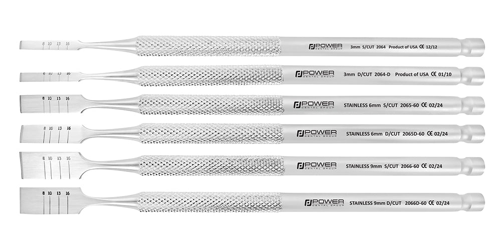 SURGICAL RIDGE SPLIT CHISEL SET 3mm. 6mm. 9mm. SINGLE AND DOUBLE BEVELED CHISELS (6 INSTRU