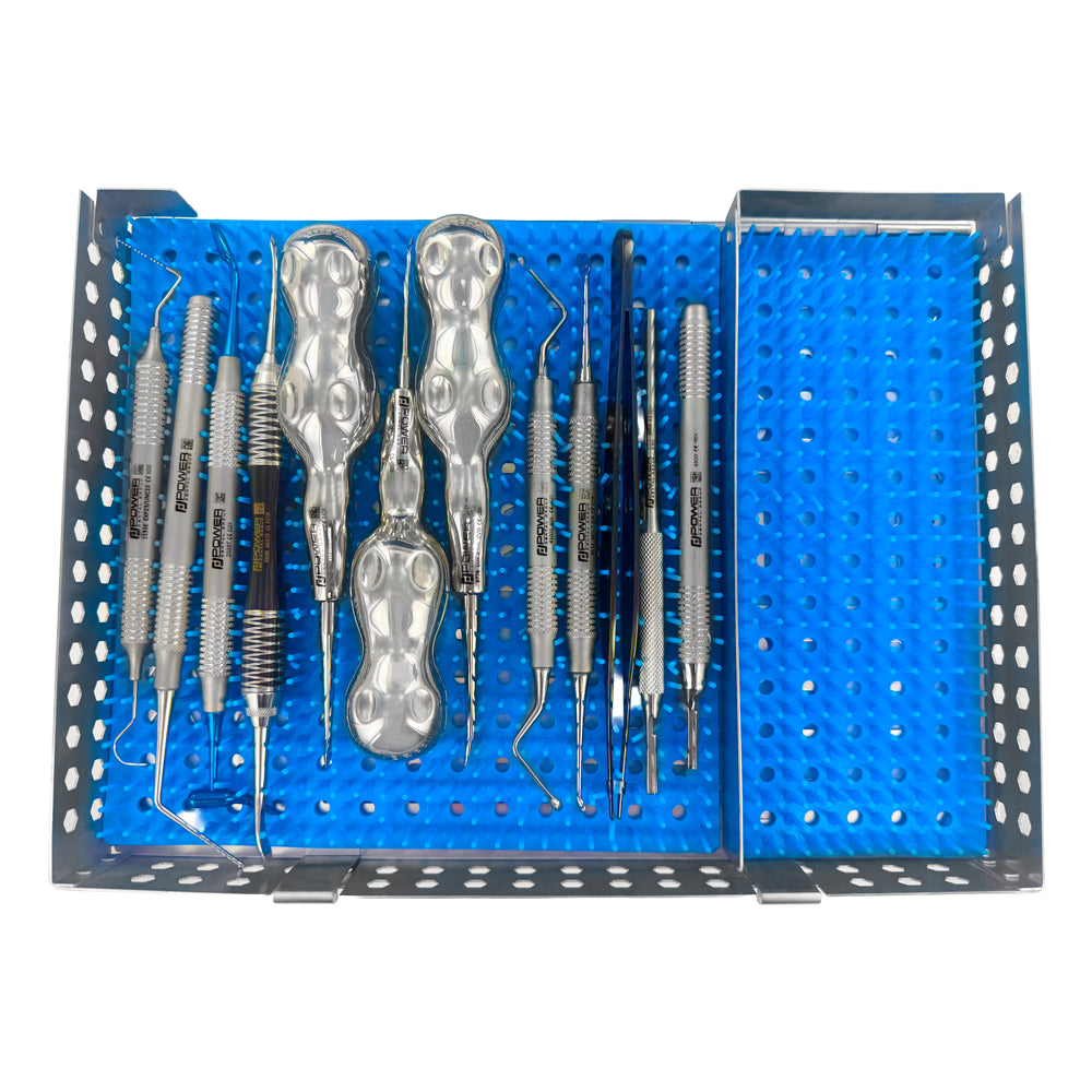 Top view of 3D Implant Institute surgical implant kit instruments in stainless steel cassette