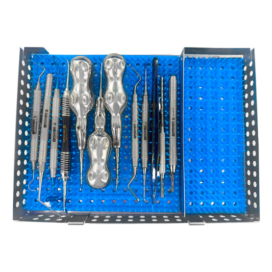 Top view of 3D Implant Institute surgical implant kit instruments in stainless steel cassette