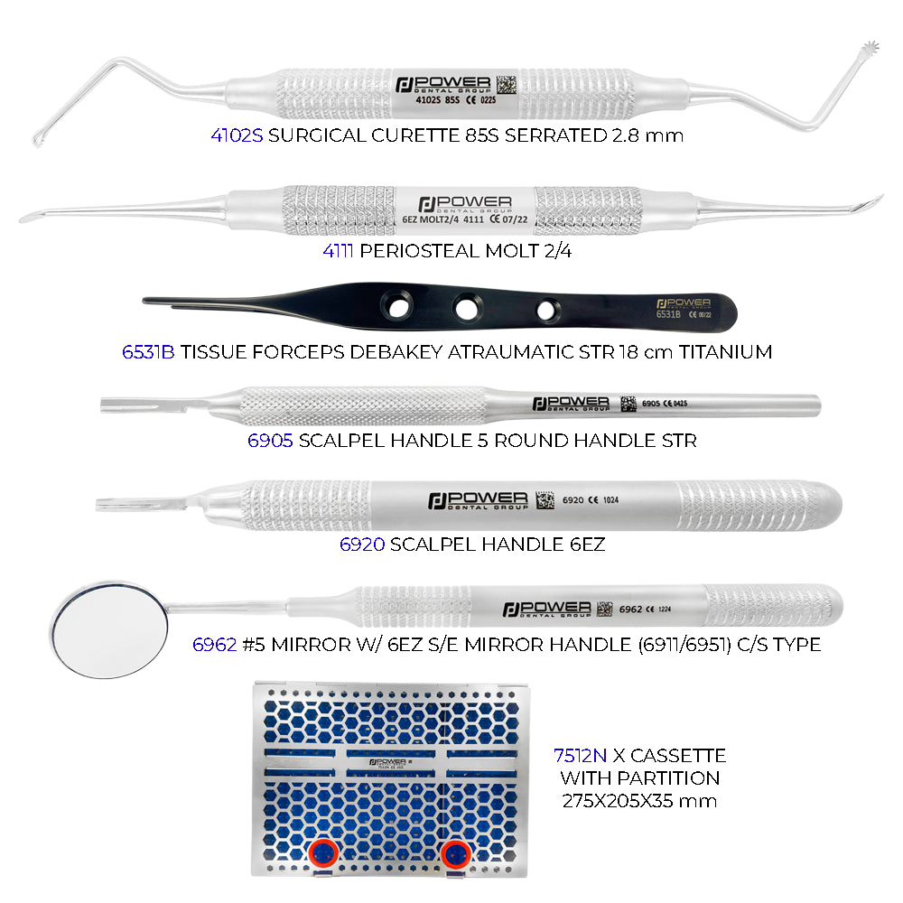 Instrument breakdown of 3D Implant Institute surgical implant kit including elevators, curettes, and grafting tools