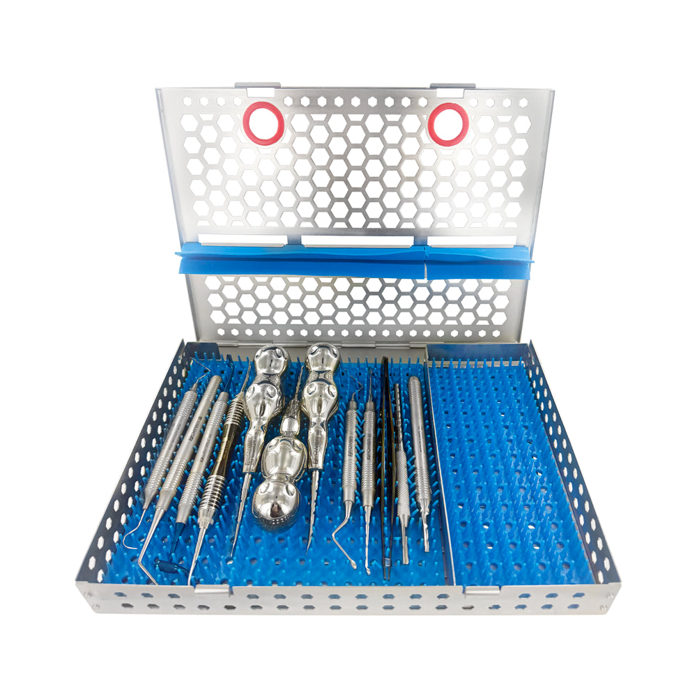 3D Implant Institute surgical implant kit with 13 instruments organized in sterilization cassette