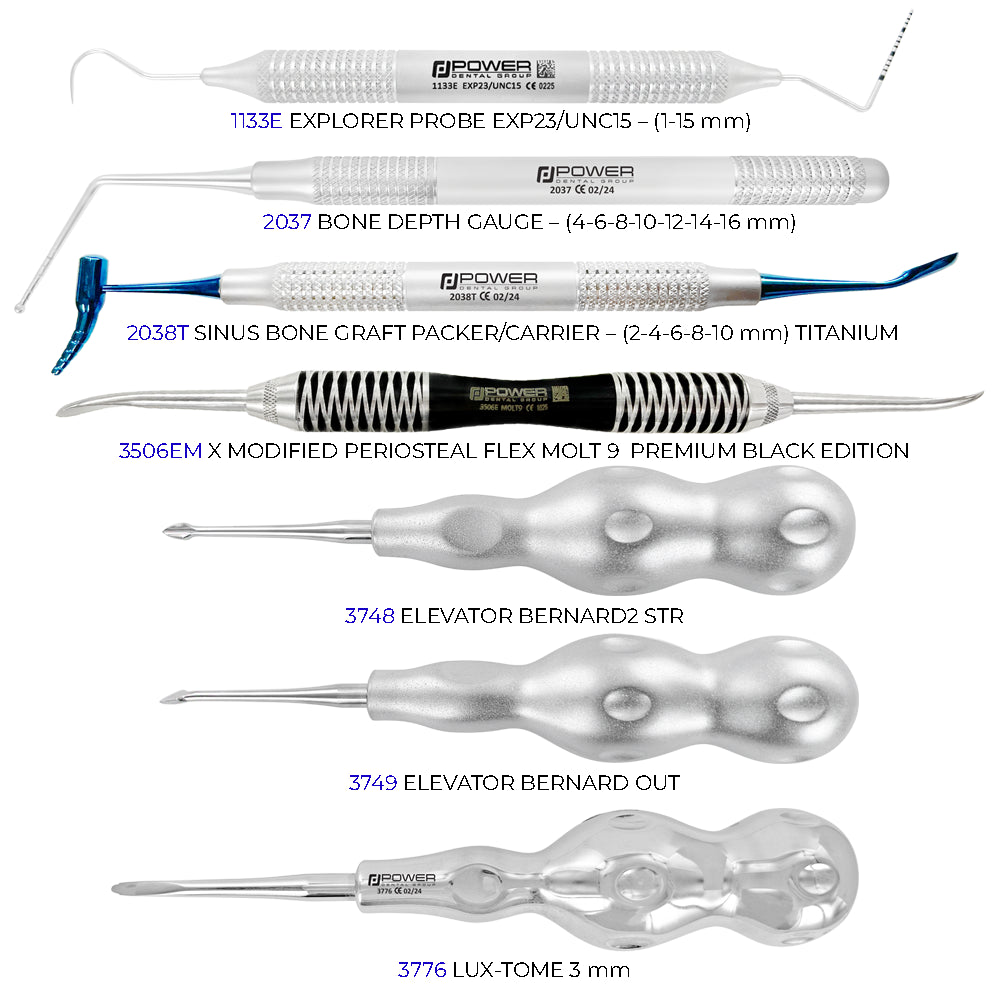Flat lay showing all instruments included in the 3D Implant Institute surgical implant kit