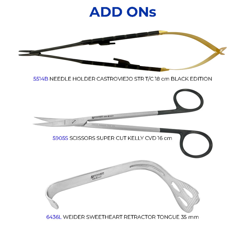 Optional add-on instruments for 3D Implant Institute surgical implant kit including forceps and scissors