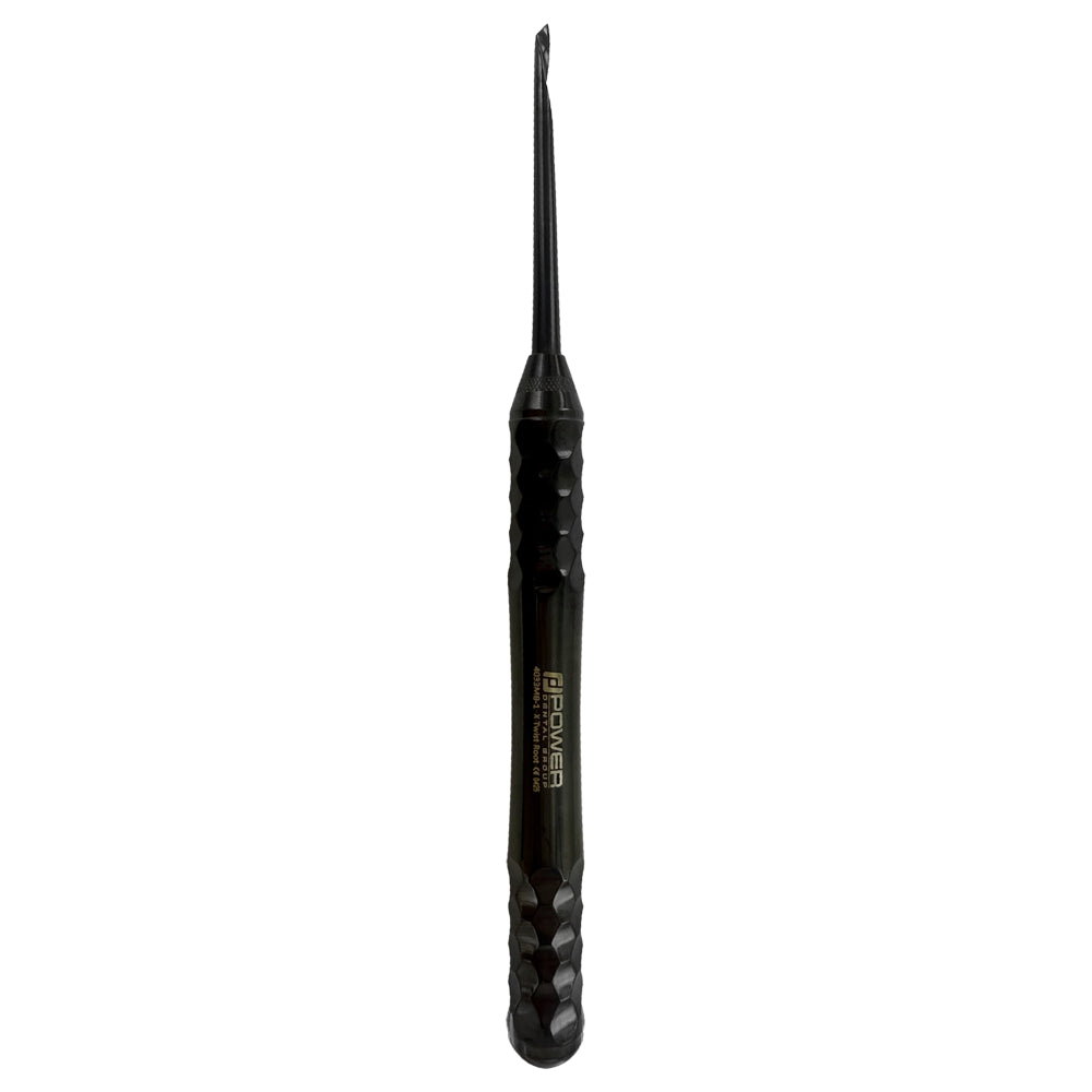 4033MB-1 Power Flex Twist Root Pick – Anterior Left single-ended Titanium Black Edition instrument, full-length straight view with Power Line faceted handle.