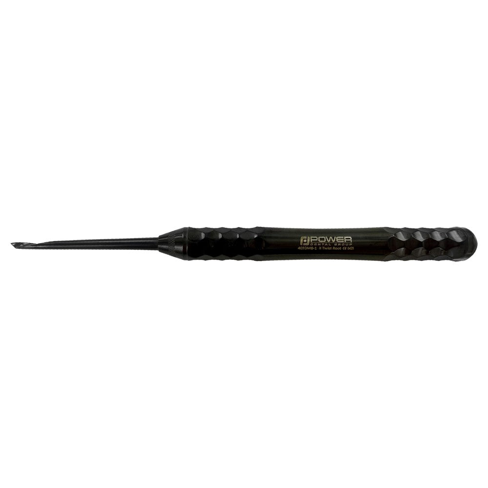 4033MB-1 Power Flex Twist Root Pick – Anterior Left single-ended root pick, horizontal product view with black titanium-coated working tip and faceted handle.