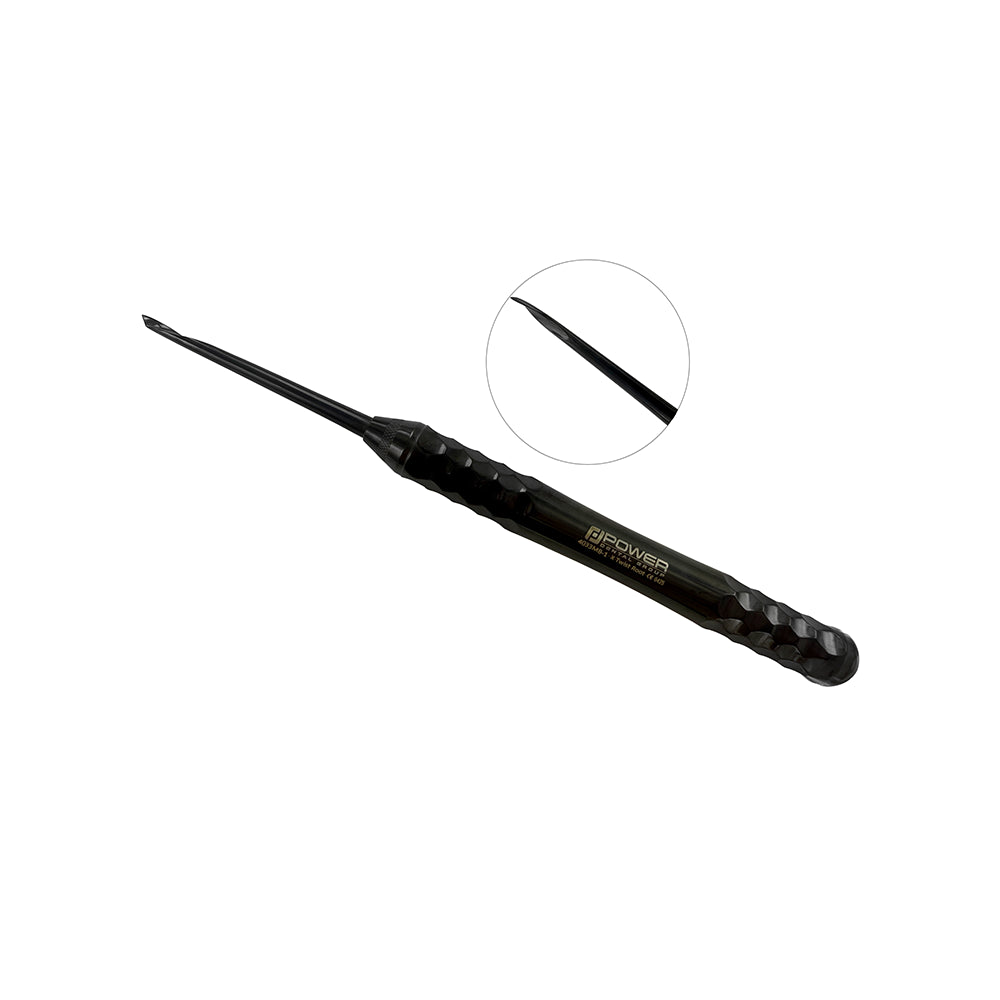 4033MB-1 Power Flex Twist Root Pick – Anterior Left single-ended instrument with black titanium-coated tip, shown diagonally with close-up of the working end.
