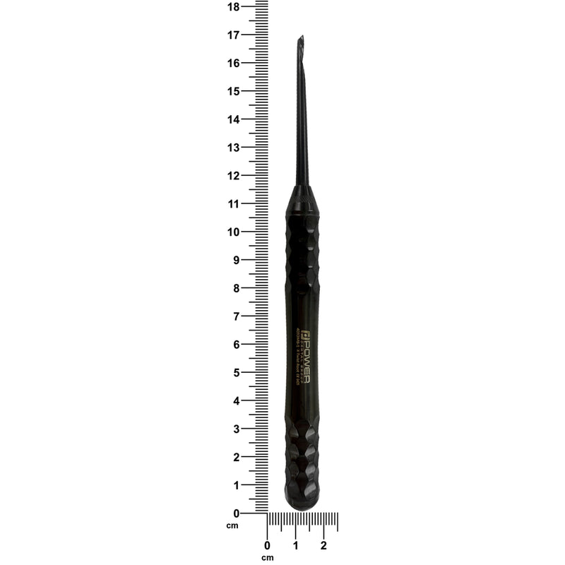 4033MB-1 Power Flex Twist Root Pick – Anterior Left Titanium Black Edition shown next to a ruler for 17 cm size reference.