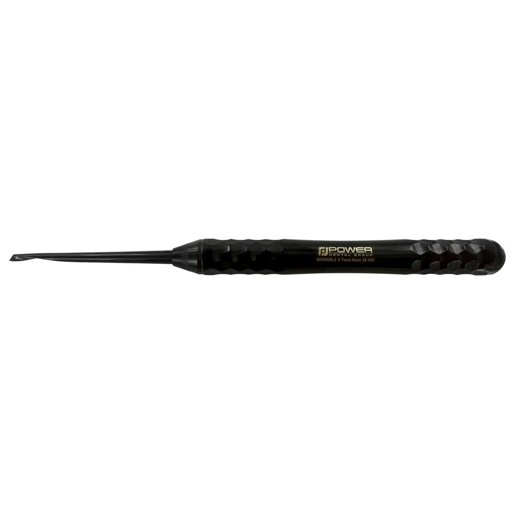 4033MB-2 Power Flex Twist Root Pick – Anterior Right single-ended root pick, horizontal product view with black titanium-coated working tip and faceted handle.