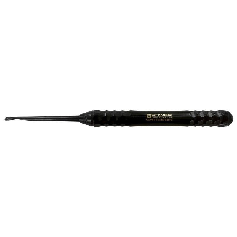 4033MB-2 Power Flex Twist Root Pick – Anterior Right single-ended root pick, horizontal product view with black titanium-coated working tip and faceted handle.