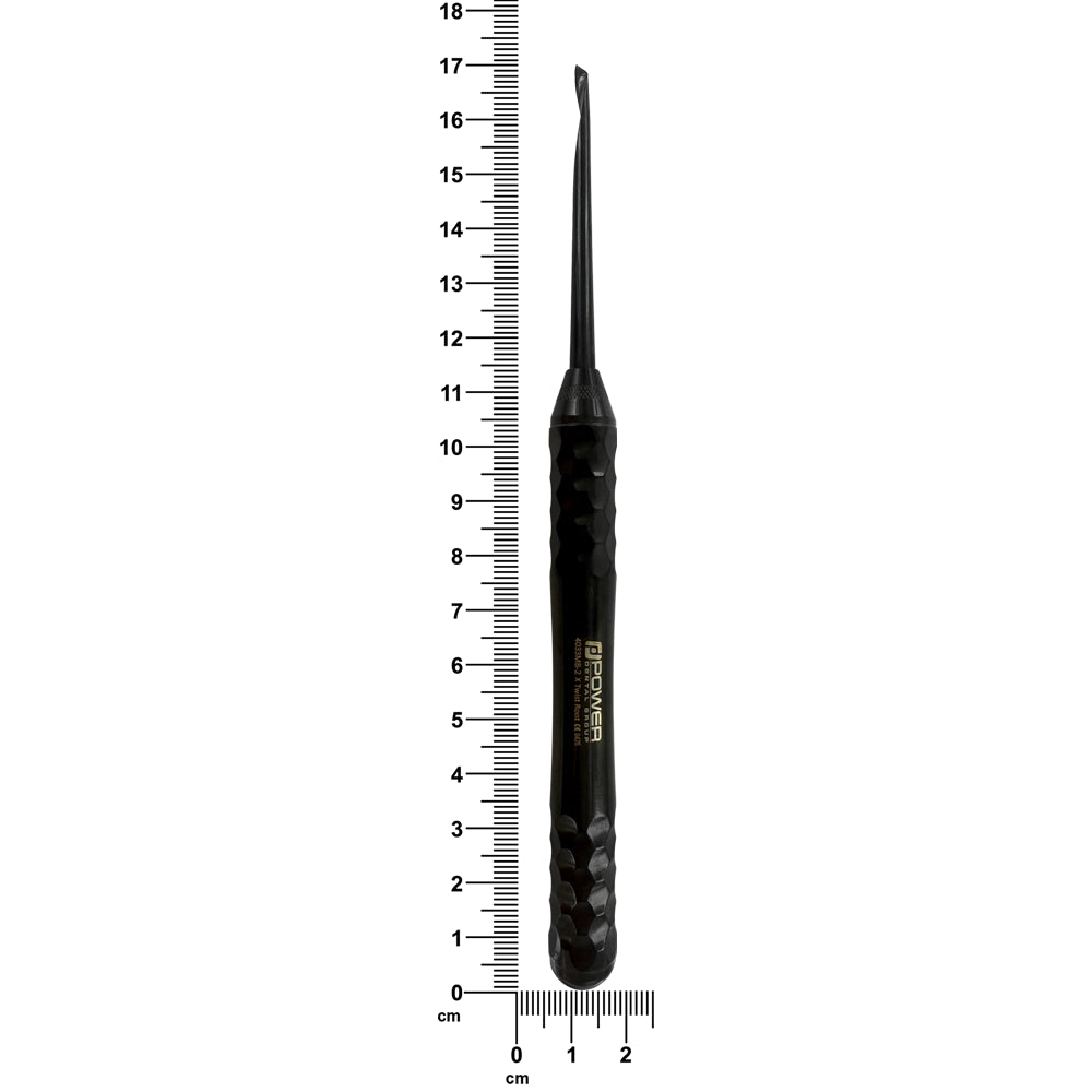 4033MB-2 Power Flex Twist Root Pick – Anterior Right Titanium Black Edition shown next to a ruler for size reference.