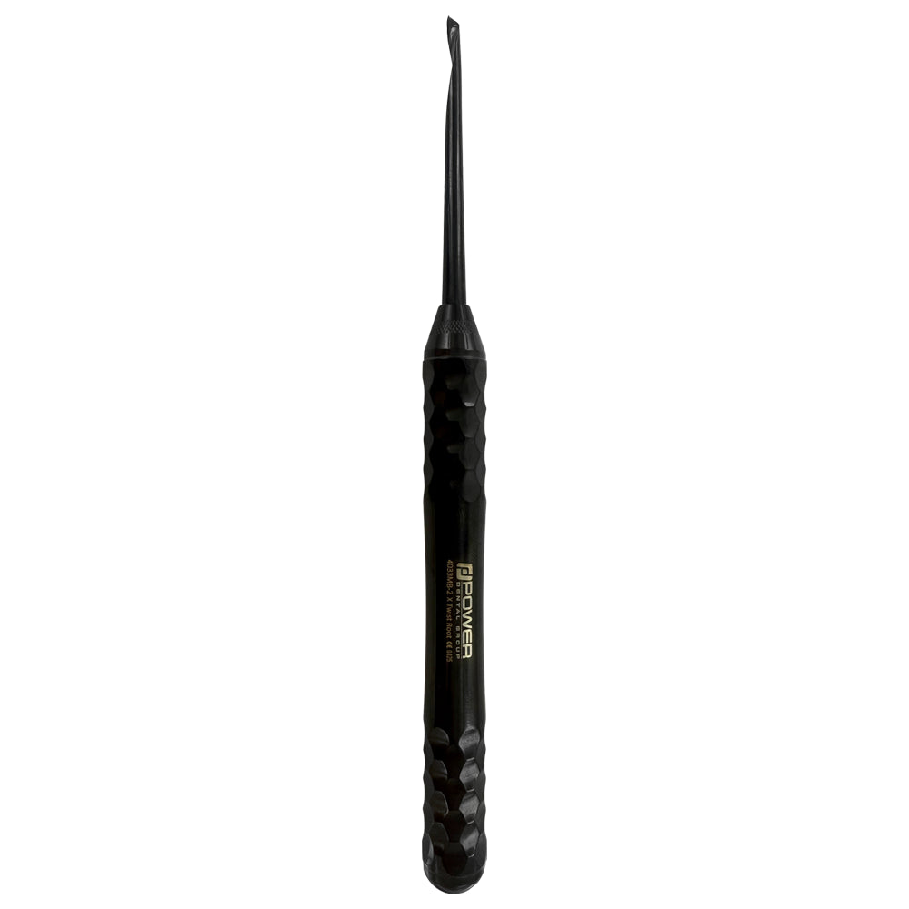 4033MB-2 Power Flex Twist Root Pick – Anterior Right single-ended Titanium Black Edition instrument, vertical full-length view with Power Line faceted handle.