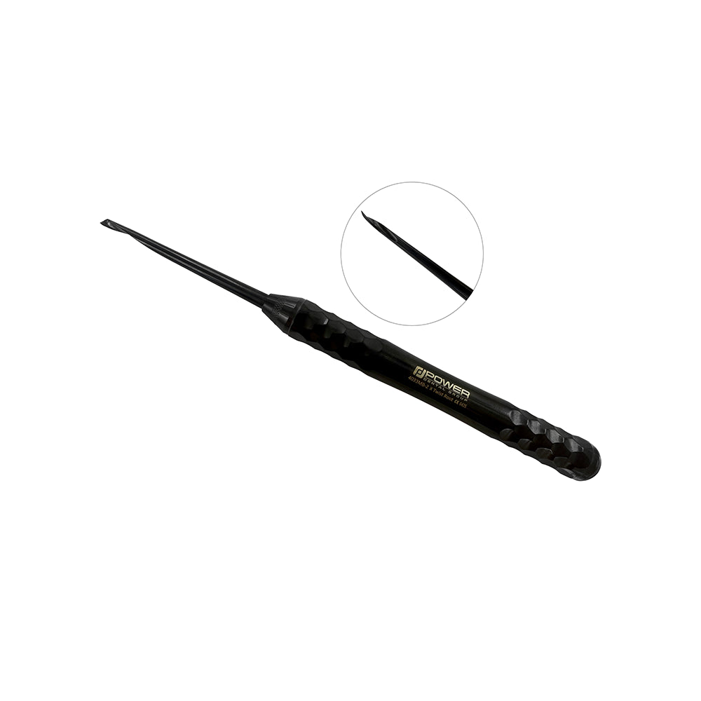 4033MB-2 Power Flex Twist Root Pick – Anterior Right single-ended instrument with black titanium-coated tip, shown diagonally with close-up of the working end.