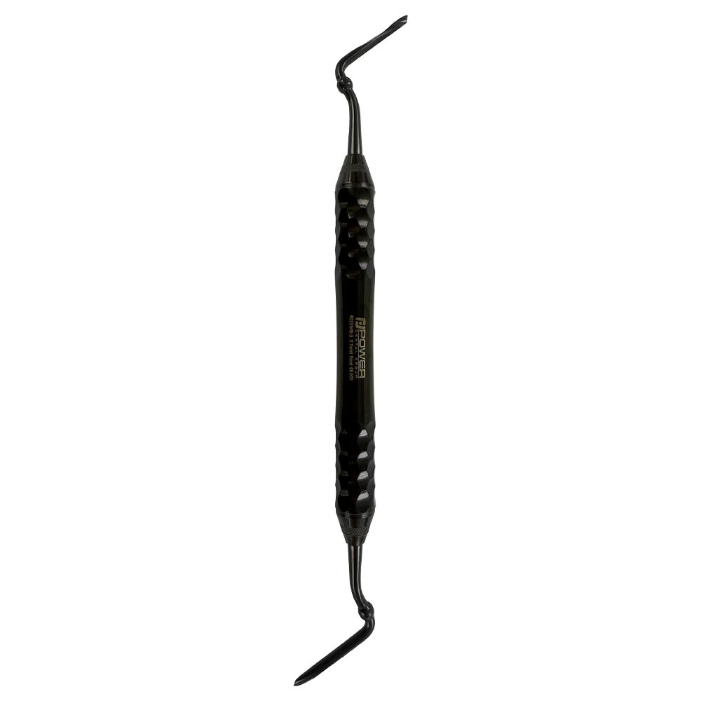 4033MB-3 Power Flex Twist Root Pick – Posterior double-ended Titanium Black Edition instrument, full-length vertical view with Power Line faceted handle.