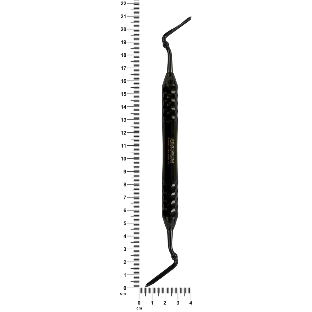 4033MB-3 Power Flex Twist Root Pick – Posterior double-ended Titanium Black Edition shown next to a ruler for size reference.