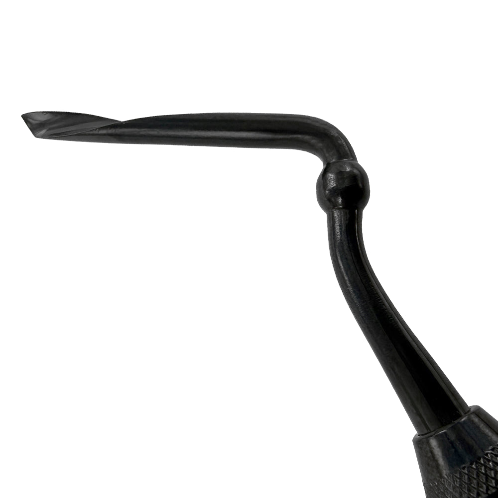 Close-up of the opposite working end on the 4033MB-3 Power Flex Twist Root Pick – Posterior double-ended Titanium Black Edition instrument.