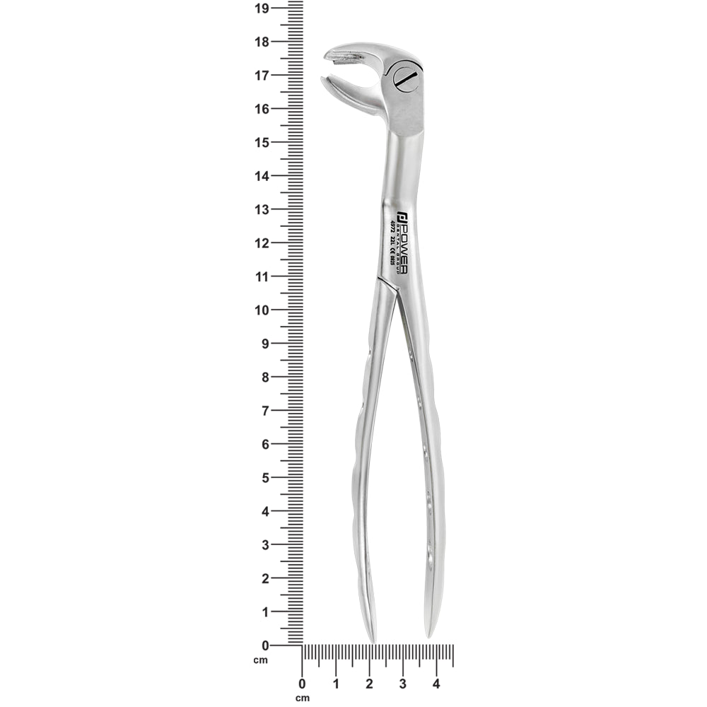 4972 Power Extraction Forceps – #22 Molar Pattern, 45° Cross-Arch – Lower Left / Upper Right shown next to a ruler for size reference.