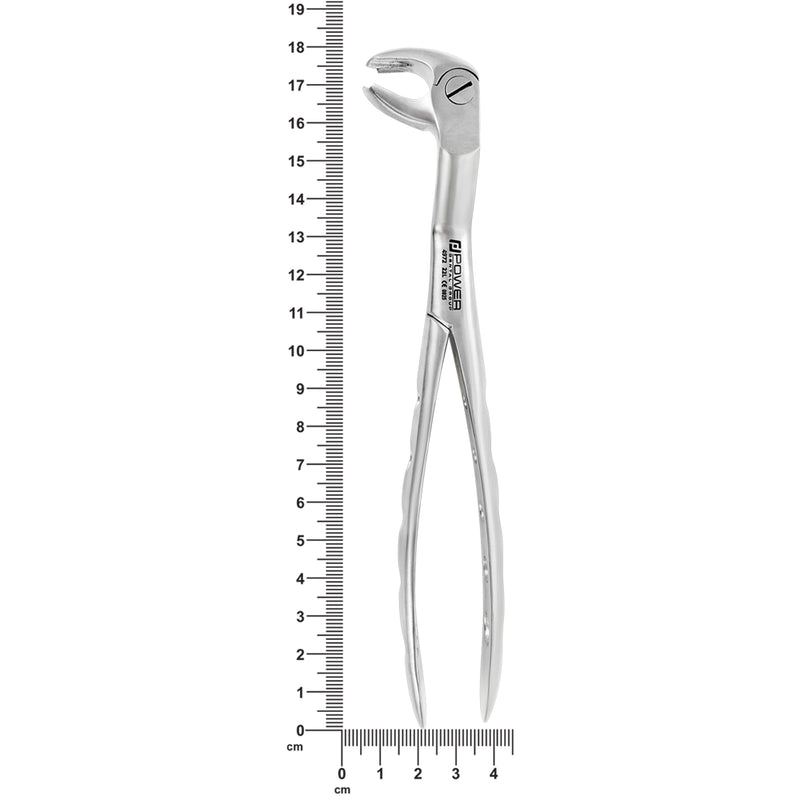 4972 Power Extraction Forceps – #22 Molar Pattern, 45° Cross-Arch – Lower Left / Upper Right shown next to a ruler for size reference.