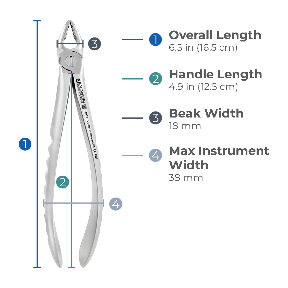 Dimensions of Power Atraumatic Extraction Forceps #150 F1P showing overall length, handle length, beak width, and maximum instrument width