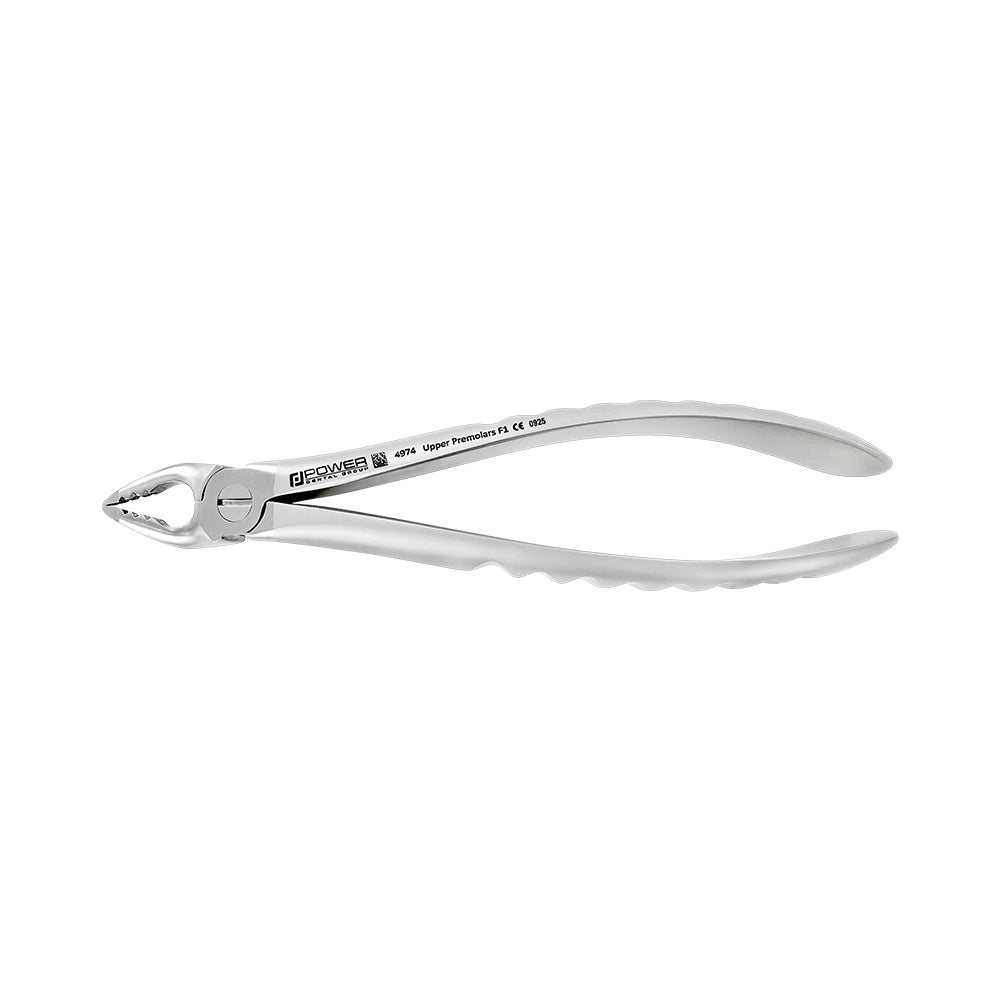 Reverse side view of Power Atraumatic Extraction Forceps #150 F1P for upper premolars with standard ergonomic handle