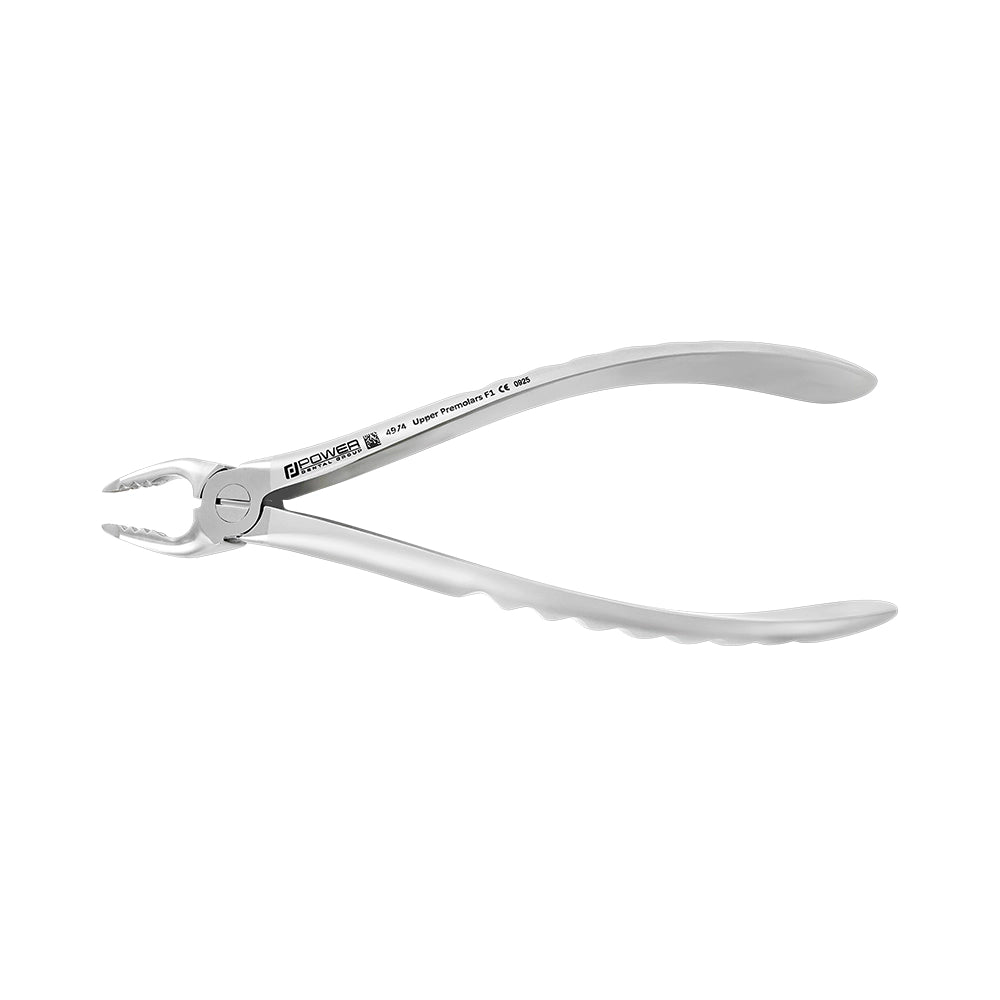 Side profile of Power Atraumatic Extraction Forceps #150 F1P for upper premolar extractions with standard handle