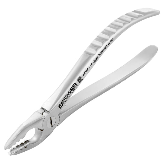 Power Atraumatic Extraction Forceps #150 F1P for upper premolars with compact handle, angled close-up of serrated beaks