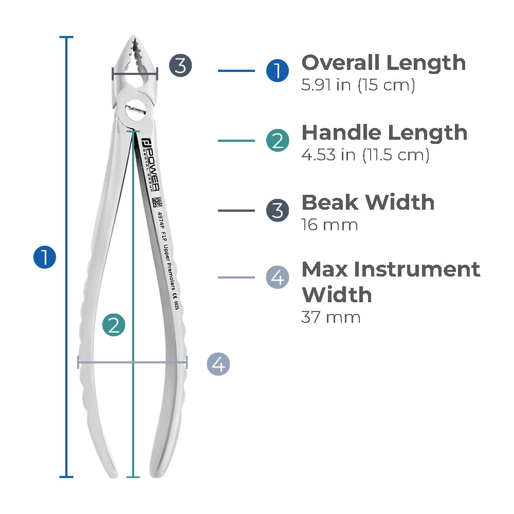 Dimensions of Power Atraumatic Extraction Forceps #150 F1P showing overall length, handle length, beak width, and maximum instrument width