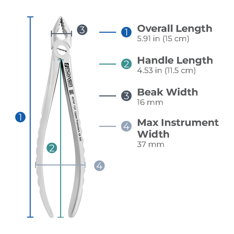 Dimensions of Power Atraumatic Extraction Forceps #150 F1P showing overall length, handle length, beak width, and maximum instrument width