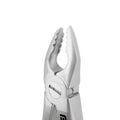 Front close-up of Power Atraumatic Extraction Forceps #150 F1P showing tapered serrated beaks for upper premolars