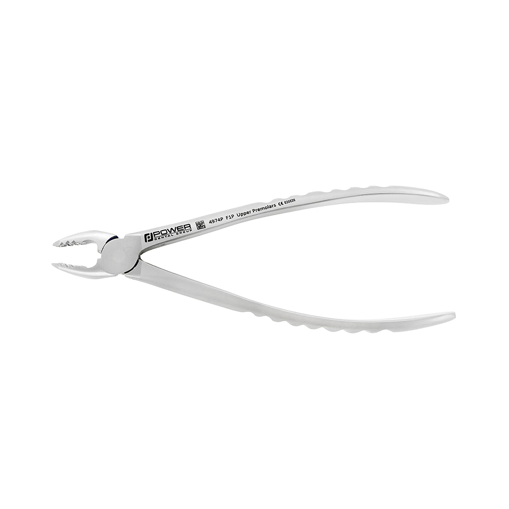 Reverse side view of Power Atraumatic Extraction Forceps #150 F1P for upper premolars with compact ergonomic handle