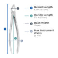 Dimensions of Power Atraumatic Extraction Forceps #151 F2P showing overall length, handle length, beak width, and maximum instrument width