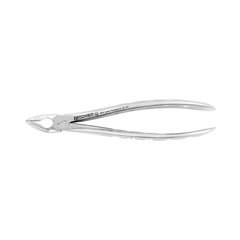 Reverse side view of Power Atraumatic Extraction Forceps #151 F2P for lower premolars with standard ergonomic handle