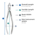 Dimensions of Power Atraumatic Extraction Forceps #151 F2P showing overall length, handle length, beak width, and maximum instrument width