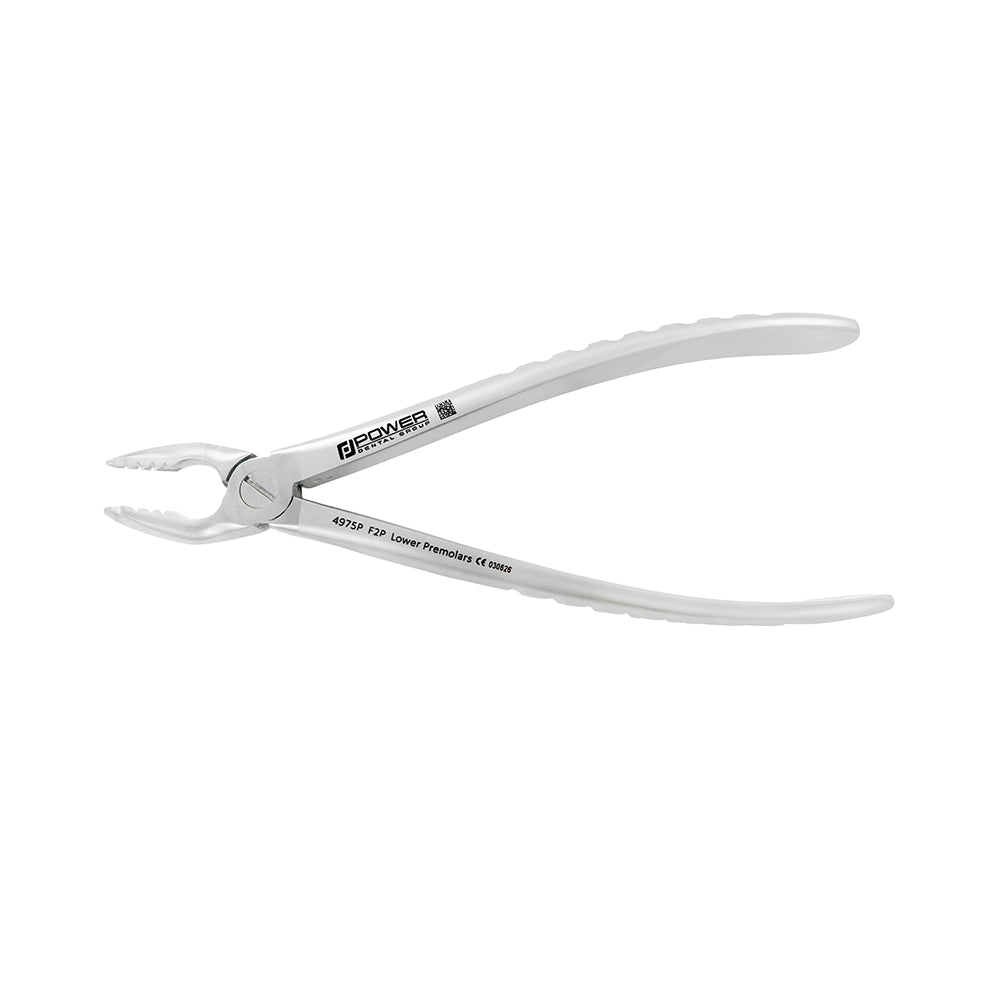 Reverse side view of Power Atraumatic Extraction Forceps #151 F2P for lower premolars with compact ergonomic handle